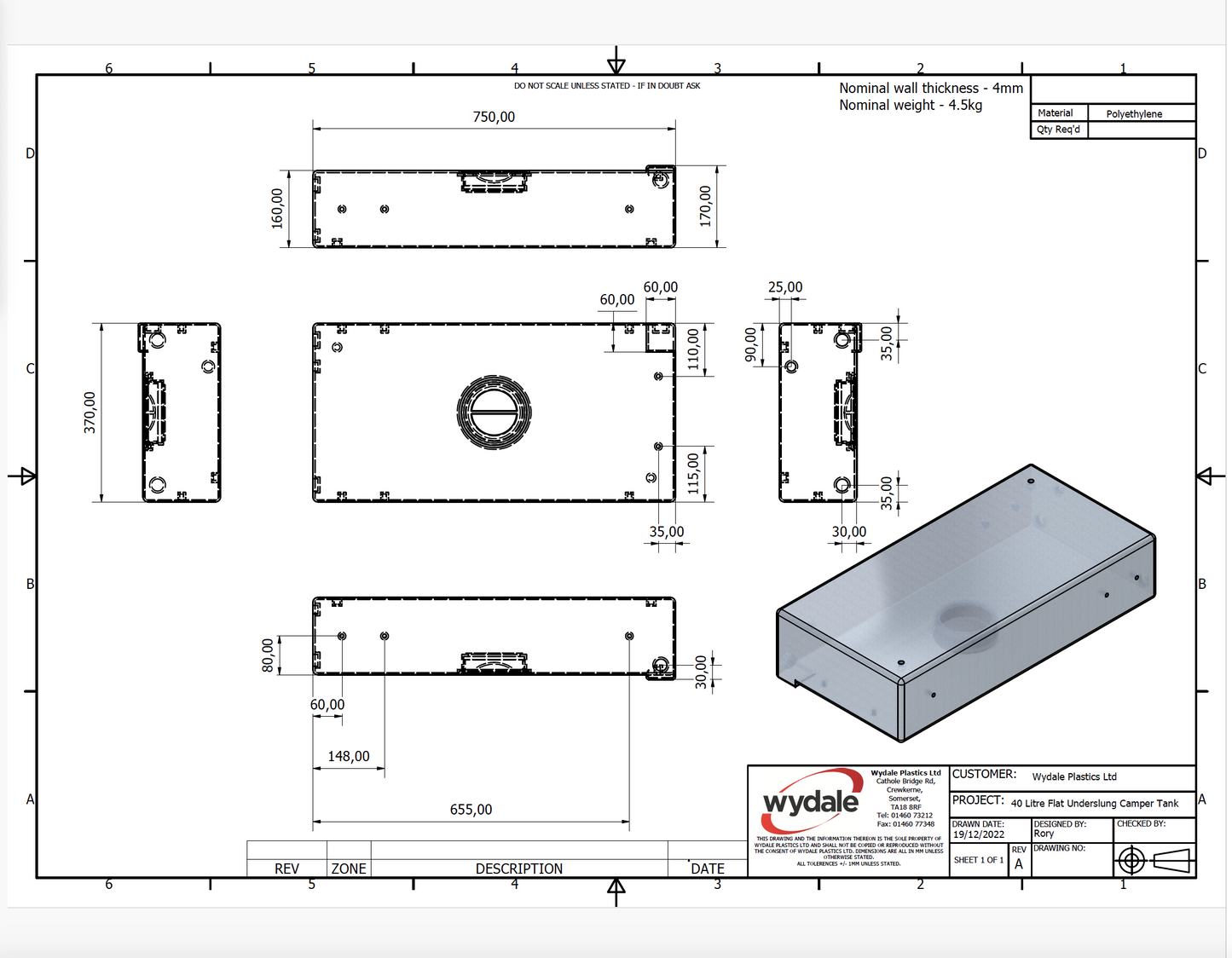 Wydale water tank campervan ute van caravan campertrailer 40 Liter